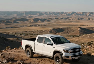 A crisp photograph of a modern white pickup truck parked on a high ridge overlooking a vast basin in the Western US. The image is taken from a distance, showing the rugged, established nature of field work in the North American landscape.