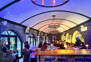 Medieval style wine cellar bar with stone arches, wrought iron chandeliers, and blue atmospheric lighting.