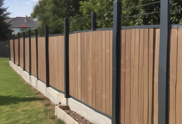 A friendly handyman fixing a wooden fence in a sunny garden.