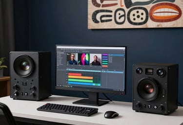 Photography of a sleek, modern workstation featuring high-end media production equipment, set against a dark navy wall with a piece of traditional North American / Urban Indigenous art.