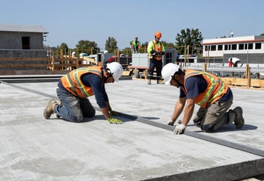 Construction workers collaborating on a home renovation site during daytime.