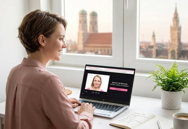 Frau lernt Deutsch online mit Lehrerin Natascha per Laptop, sitzt am Schreibtisch