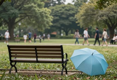 A peaceful North American park scene with people walking in the background. The focus is on a park bench with a sky blue umbrella nearby, representing a balanced and calm lifestyle.