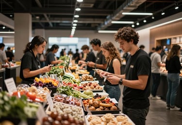 A bustling yet sophisticated North American modern food hall. High ceilings, industrial-chic decor, and customers interacting with vendors. Shallow depth of field focusing on foreground textures of fresh food.