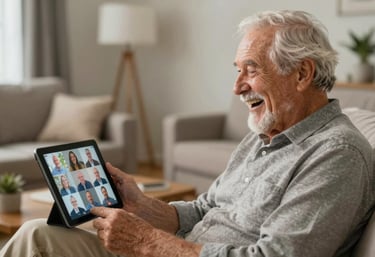 A happy senior citizen in a North American / US living room laughing while looking at a tablet showing a community interest group video chat.