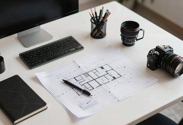 An overhead view of a clean, modern Brazilian collaborative workspace with high-end tech accessories and architectural blueprints.