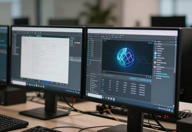 Multiple computer monitors in a clean, professional setup showing various productivity software interfaces, soft bokeh lighting, modern International tech vibe.
