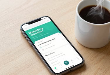 A high-resolution product photography shot of a smartphone displaying a sleek marketing automation app, positioned next to a steaming cup of coffee on a clean, light wood desk.