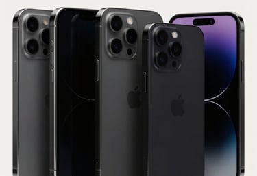 A professional commercial studio shot of several sleek space black iPhones arranged in an elegant, geometric diagonal line. Pure pristine screens with a polished reflective finish, sharp focus, neutral off-white background.
