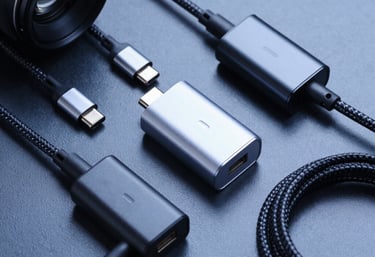 A high-end studio shot of premium tech accessories: fast-charging USB-C blocks and braided cables in black and silver, arranged perfectly in a structured flat lay under cool blue lighting.
