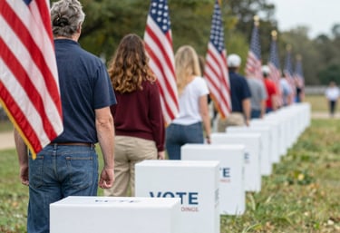A diverse group of people holding hands in prayer outdoors at sunset.