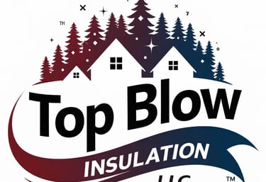 Logo for Top Blow Insulation LLC featuring white houses and pine trees for home energy efficiency services.