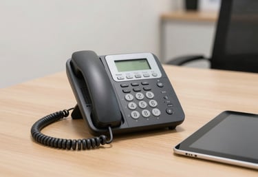 A high-quality close-up photo of a modern office telephone and a digital tablet on a clean wooden desk in a Brazilian corporate setting. Professional lighting and off-white surroundings.