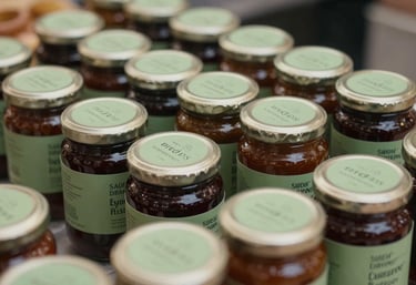 A close-up of a modern food market stall. Neatly arranged jars of preserves with parchment green labels and elegant dark slate typography, highlighting the artisanal quality.