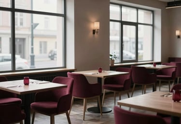 An elegant, Scandinavian-style interior of a restaurant. Minimalist furniture, large windows with natural light, and small deep carmine red accents on the tables. The vibe is quiet and professional.