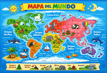 Colorful world map for kids featuring cartoon animals and landmarks with Spanish labels.