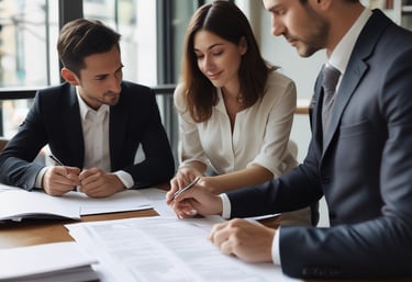 A professional procurador handing over legal documents at a courthouse.