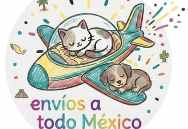 Ilustración de un gato y un perro durmiendo en un avión para envíos por todo México.