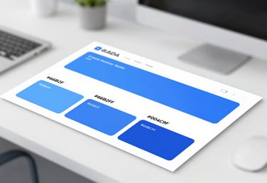 3D visualization of brand style guides and color swatches featuring #66B2FF and #004C97 on a clean white desk.