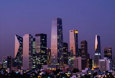 A cinematic shot of a modern Indian city skyline at twilight, with deep purple and blue hues in the sky. The city lights are sharp and futuristic.