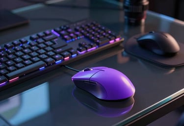 A photography of a high-tech glass-topped desk with a glowing purple mouse and keyboard. The room is dark, and the focus is on the sleek peripherals.