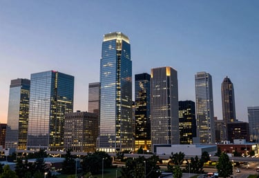 A wide-angle landscape shot of a North American tech hub skyline at sunset. The modern architecture is illuminated with light blue and white lights, reflecting a mood of progress and innovative power.