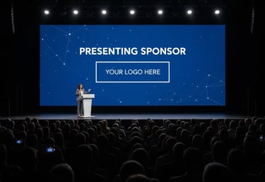 a man standing at a podium with a presentation screen