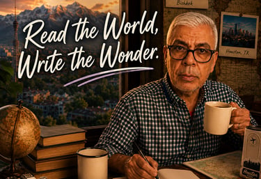 A male travel writer with coffee and journal at a desk with mountain sunset views and globes.