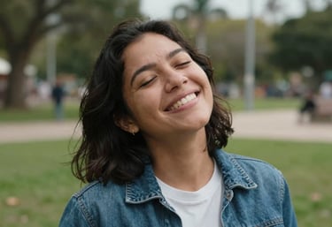A candid, bright photo of a smiling person in a Latin American park, looking relieved and peaceful. The focus is soft, capturing a genuine moment of emotional health and connection with the environment.