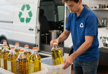 A clean, green truck collecting used cooking oil from a restaurant kitchen.