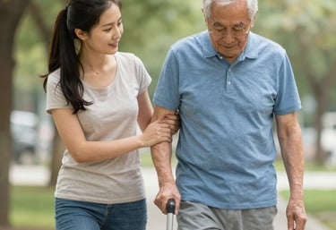 A warm scene of a caregiver sharing a laugh with an elderly woman in her cozy living room.