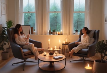 A calm therapy room with soft lighting and comfortable chairs.