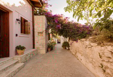 A narrow alley with a brick wall and blooming flowers, the entrance of a holiday home in Crete