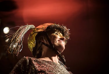 A performer wears a gold tinsel helmet with colorful wire tassels during a creative theater production.