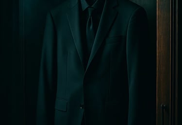 a suit jacket hanging on a wooden door