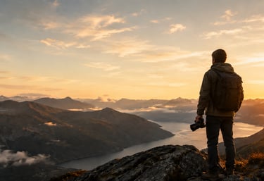 Photographer standing on top of mountain at sunrise overlooking the landscape and river