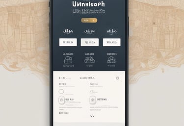 A businessperson using a digital platform on a laptop with icons of hotels, visas, and transport around.