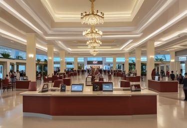 A hotel room with a neatly made bed featuring two yellow cushions and two bedside lamps providing warm lighting. A black and white headboard contrasts with the beige walls. In the foreground, a tray on a counter holds glass tumblers, mugs, and various coffee sachets. A promotional card for travel assistance leans against the tray.