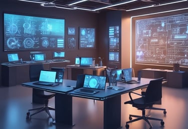 A team collaborating around futuristic digital interfaces in a modern office.