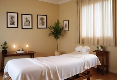 A relaxing Swedish massage setup with candles and soft lighting.