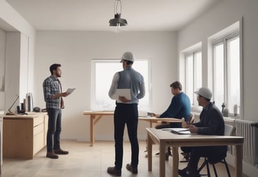 A modern real estate office environment with agents discussing property listings.