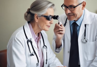 An optometrist conducting an eye exam on a patient.
