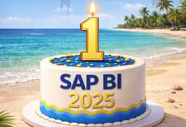 SAP BI 2025 first birthday cake on a beach with BI 2027 planning billboard in the background