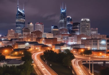 A stunning view of Nashville, Tennessee at night, showcasing illuminated buildings and vibrant city lights.