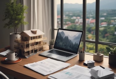 a laptop computer sitting on a desk with a miniature house model