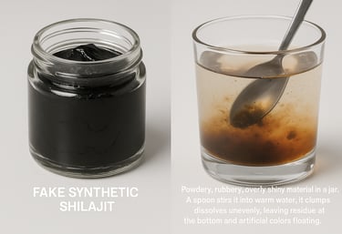 A comparison of fake synthetic shilajit resin in a jar and its poor solubility in a glass of water.