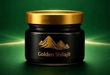 A black glass jar of Golden Shilajit resin with a gold lid on a green background.