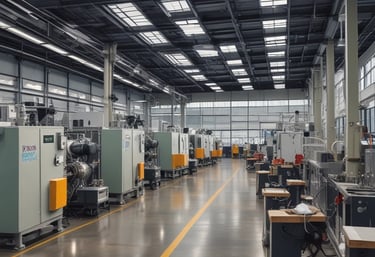 A cityscape featuring tall buildings under a partly cloudy sky. In the foreground, a row of bike-sharing stations is visible, with one bike secured. People can be seen walking in the distance, and vehicles are parked alongside the street. Trees provide green accents amidst the urban setting.