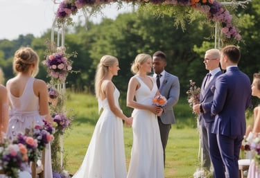 A wedding ceremony taking place on a wooden terrace overlooking the sea, with a couple standing under a floral arch. The bride is in a white dress, and the groom is in a dark suit. Several photographers and guests are gathered around, some dressed in formal wear, capturing the moment.