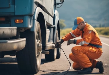 A diesel 18-wheeler being assisted on the roadside.